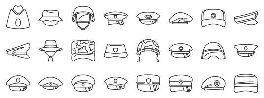 Military caps icons set. Military and police uniform hats showing hierarchy and roles vector