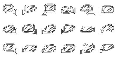 Side rear view mirror icons set. Car side mirrors reflecting road safety in various shapes and sizes vector