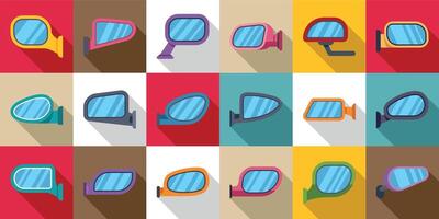 Side rear view mirror icons set. Car side mirrors showing different shapes and colors vector
