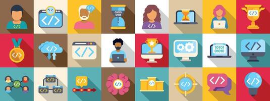 Hackathon icons set. Software development process icons representing coding, programming, and teamwork vector