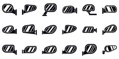 Side rear view mirror icons set. Car side mirrors showing different shapes and fixing systems for rearview visibility vector