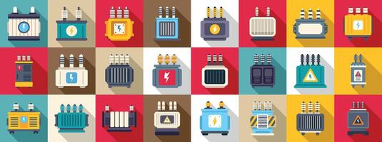 Transformer energy icons set. Electric transformers providing power distribution in various designs and configurations vector