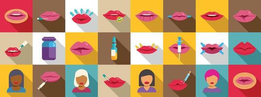 Lip injections icons set. Lip augmentation and cosmetic procedures showing injection techniques vector