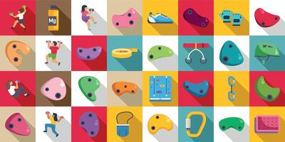 Bouldering gym icons set. Climbers practicing on climbing wall with various holds and equipment vector