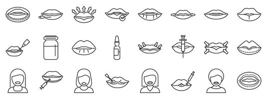 Lip injections icons set. Lip augmentation and enhancement, exploring cosmetic procedures for fuller lips vector