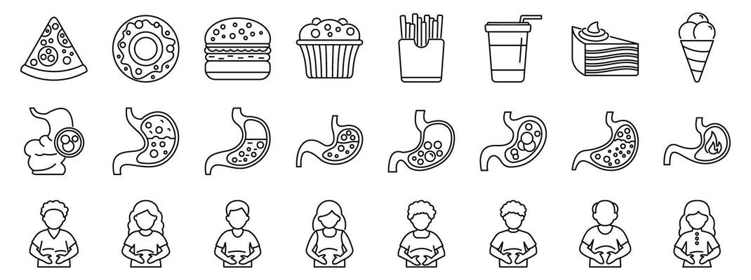 Bloating icons set. People suffering from stomach ache after eating junk food, pizza, hamburger, donut, french fries, soft drink, muffin, cake and ice cream