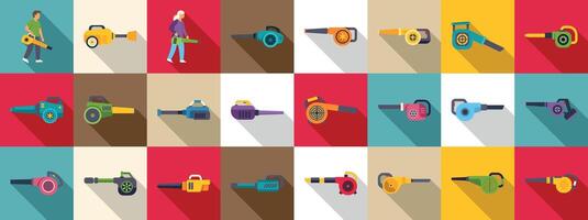 Blower leaves icons set. Gardeners and janitors using leaf blowers, collection of colorful icons depicting various blower models vector