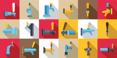Beer taps icons set. Beer tap handles showing different styles and colors for dispensing draft beer vector
