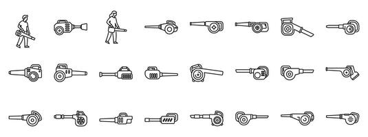 Blower leaves icons set. Gardeners using leaf blowers, cleaning leaves and debris with blower machine, blowing tools icons set vector