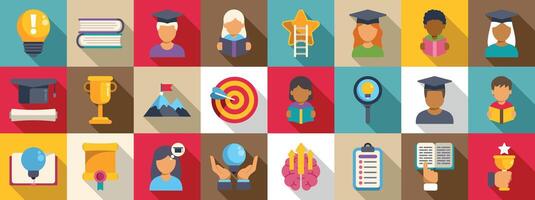 Motivation study icons set. Students are graduating and achieving their educational goals vector