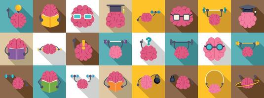 Train brain icons set. Brain training, learning, exercising and relaxing icons set vector
