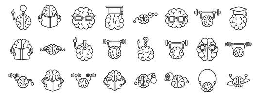 Train brain icons set. Brain activities representing learning, thinking, training and education vector