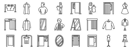 Fitting room icons set. Customers trying on clothes and looking in mirrors in fitting room vector