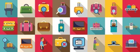 Luggage screening icons set. Luggage checking and handling at airport security with baggage scanner and scales vector