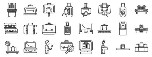 Luggage screening icons set. Luggage checking and airport security screening icons depicting various stages of baggage handling vector