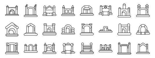 Inflatable bouncy house icons set. Inflatable bouncy houses and castles providing joyful entertainment for children vector
