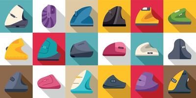 Vertical computer mouse icons set. Ergonomic computer mice icons showing different designs and colors for comfortable use vector
