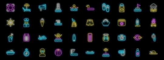 Neon summer icons representing various activities and items enjoyed during vacation vector