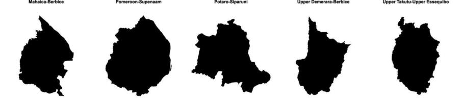 Mahaica Berbice, Pomeroon Supenaam, Potaro Siparuni, Upper Demerara Berbice, Upper Takutu Upper Essequibo outline maps vector