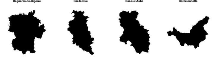 Bagneres de Bigorre, Bar le Duc, Bar sur Aube, Barcelonnette outline maps vector