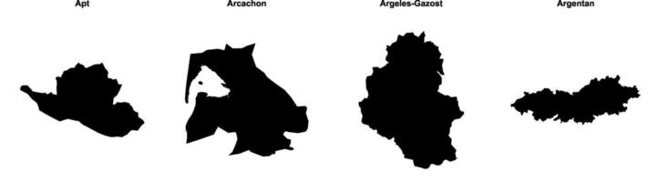 Apt, Arcachon, Argeles Gazost, Argentan outline maps vector