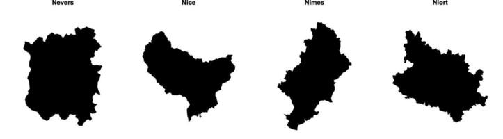 Nevers, Nice, Nimes, Niort outline maps vector