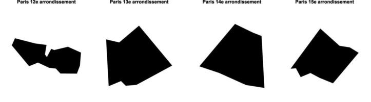 Paris 12e arrondissement, Paris 13e arrondissement, Paris 14e arrondissement, Paris 15e arrondissement outline maps vector
