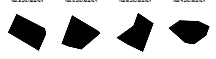 Paris 4e arrondissement, Paris 5e arrondissement, Paris 6e arrondissement, Paris 7e arrondissement outline maps vector