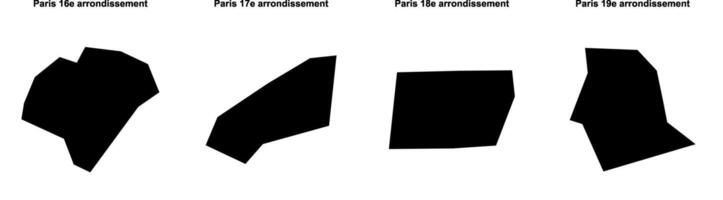 Paris 16e arrondissement, Paris 17e arrondissement, Paris 18e arrondissement, Paris 19e arrondissement outline maps vector