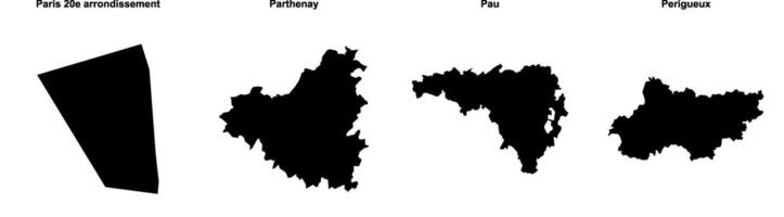 Paris 20e arrondissement, Parthenay, Pau, Perigueux outline maps vector