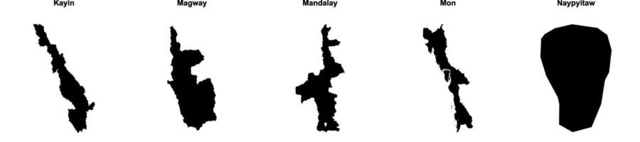 Kayin, Magway, Mandalay, Mon, Naypyitaw outline maps vector