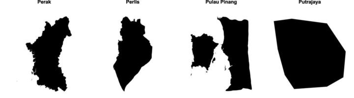 Perak, Perlis, Pulau Pinang, Putrajaya outline maps vector