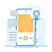 AI podcast generator concept. recording audio podcasts. audio listened to on a smartphone. AI automatically generates podcast episodes. platforms, and fans. design illustration. vector