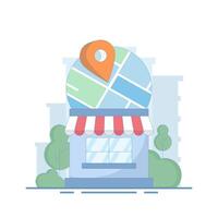 Store Location Concept. Mobile navigation, gps navigator, route to store. Store listed on map. Local marketing, business store on search engine map. Flat style design illustration on background. vector