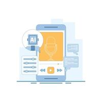 AI podcast generator concept. recording audio podcasts. audio listened to on a smartphone. AI automatically generates podcast episodes. platforms, and fans. flat illustration. vector