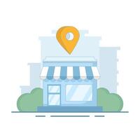 Store Location Concept. Mobile navigation, gps navigator, route to store. Store listed on map. Local marketing, business store on search engine map. Flat cartoon design illustration on background. vector