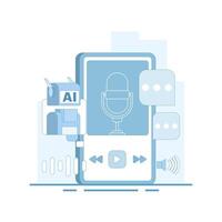 AI podcast generator concept. recording audio podcasts. audio listened to on a smartphone. AI automatically generates podcast episodes. platforms, and fans. flat style illustration. vector