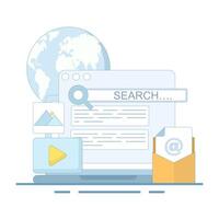 SEO search engine optimization concept. find, or research, SEO, search engine optimization, find information, crawl websites, top search engine results pages. flat style design illustration. vector