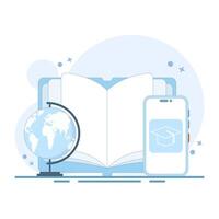 Online education concept, Learning and education, learning and taking online courses. Open book with smartphone, E-learning concept, knowledge and skills improvement. Flat style design. vector