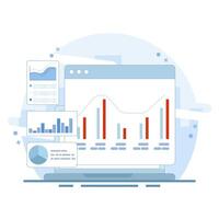 Data analysis concept diagram. data analysis and monitoring on web report dashboard. diagram on monitor. monitor and business investment concept. pie curve diagram. flat cartoon style design. vector
