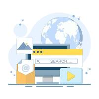 SEO search engine optimization concept. find, or research, SEO, search engine optimization, find information, crawl websites, top search engine results pages. flat design illustration. vector