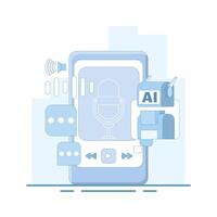 AI podcast generator concept. recording audio podcasts. audio listened to on a smartphone. AI automatically generates podcast episodes. platforms, and fans. flat design illustration. vector