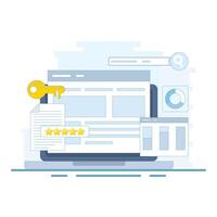 Keyword analysis concept, keyword research tools. Keyword competition analysis. Most searched keywords. SEO keywords dominating search engine results pages. Flat cartoon design. vector