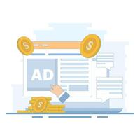 Website advertising, Cost per click. Clicking ads, pay per click for websites. PPC advertising strategies. Pay per click or cost per click websites make money online. flat design illustration. vector