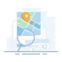 Tracing Location campaign concept. Route planning, location tracking. City travel navigation. Navigation on the map. Map device with GPS pins. Illustration in the background. vector