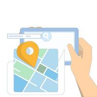 Tracing Location campaign concept. Route planning, location tracking. City travel navigation. Navigation on the map. Map device with GPS pins. Design illustration in the background. vector