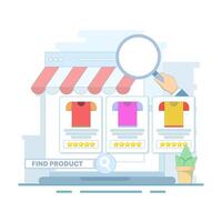 Find product concept. Search feature to find and compare products online. Search in web stores or online shopping. Price offers, seller information. Flat design on the background. vector