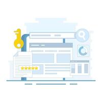 Keyword analysis concept, keyword research tools. Keyword competition analysis. Most searched keywords. SEO keywords dominate search engine result pages. Flat design illustration. vector