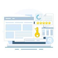 Keyword analysis concept, keyword research tools. Keyword competition analysis. Most searched keywords. SEO keywords dominate search engine results pages. Flat design in the background. vector