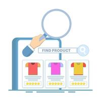 Find product concept. Search feature to find and compare products online. Search in web stores or online shopping. Price offers, seller information. Flat design illustration on background. vector